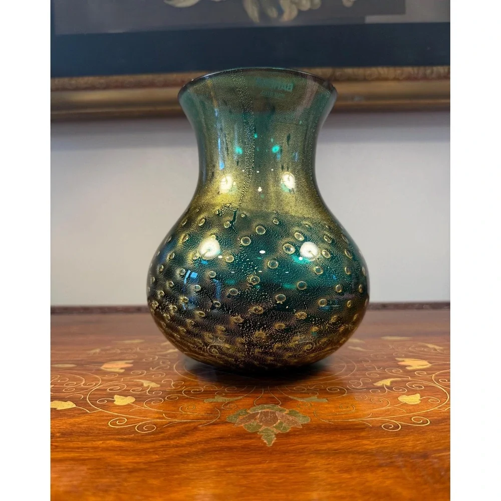 Signed Barbini Murano Art Glass Vase Emerald Green Gold Aventurine Bullicante 7